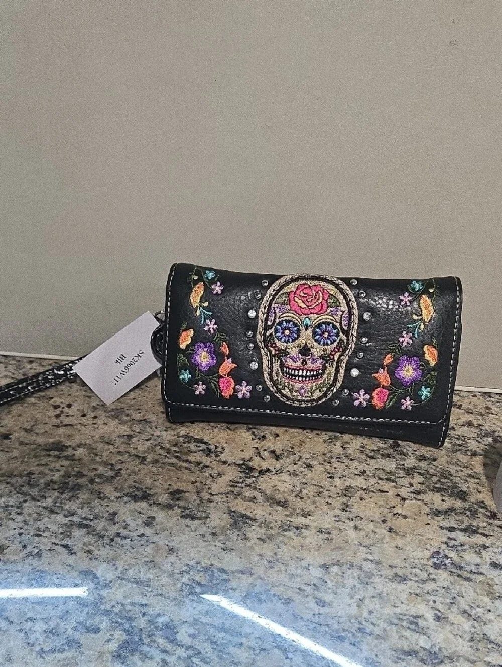 Black Embroidered Sugar Skull Crossbody Bag